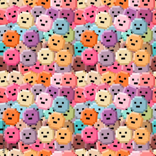 Face circle indifferent sweet color seamless pattern pixel art. Vector illustration.