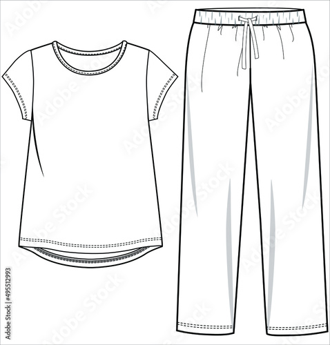TEE AND PAJAMA FLAT SKETCH OF NIGHTWEAR SET FOR WOMEN AND TEEN GIRLS IN EDITABLE VECTOR FILE photo