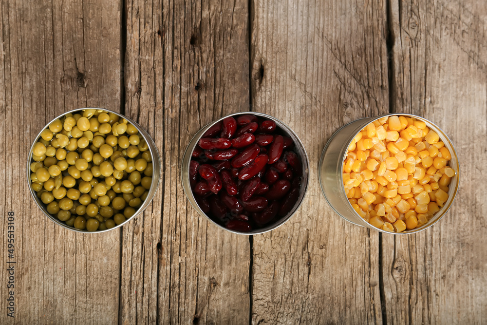 Canned corn, peas, beans