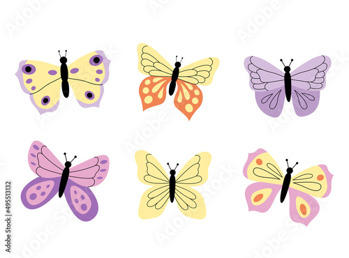 A set of modern butterflies in a hand-drawn flat style. Vector illustrations isolated on a white background. Colorful different insects butterflies
