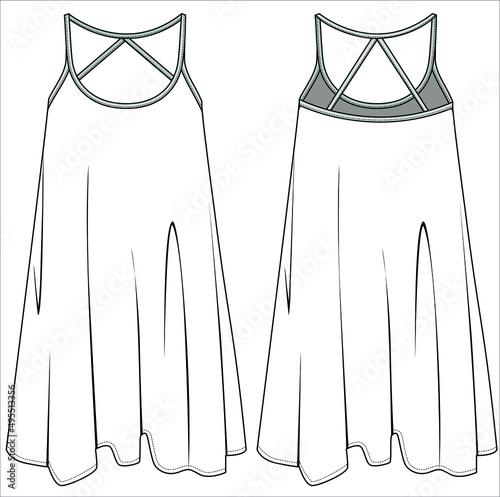 FLAT SKETCH OF NIGHTWEAR SLIP FOR WOMEN AND IN EDITABLE VECTOR FILE