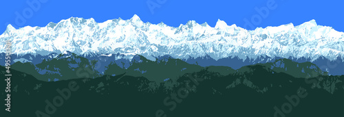 Great Himalayan range, Himalayas mountains vector illustration, snowcapped white and blue colored mountain