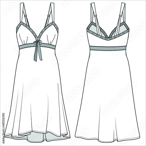 FLAT SKETCH OF NIGHTWEAR SLIP FOR WOMEN AND IN EDITABLE VECTOR FILE