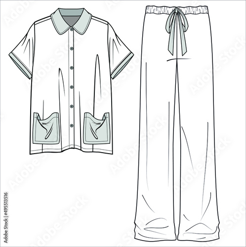 SHORT SLEEVES SHIRT WITH POCKET AND FLARED PYJAMA FLAT SKETCH OF NIGHTWEAR SLIP FOR WOMEN AND IN EDITABLE VECTOR FILE