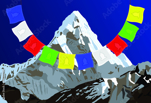 Mount Ama Dablam with prayer flags on blue sky background, Nepal Himalayas mountains,  vector illustration logo