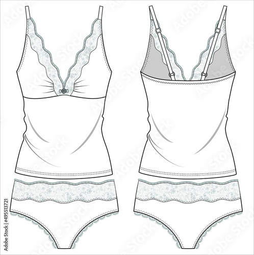 LACE CAMI AND SHORTS FLAT SKETCH OF NIGHTWEAR SET FOR WOMEN AND TEEN GIRLS IN EDITABLE VECTOR FILE