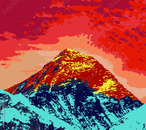 mount Everest as seen from Kala Patthar evening sunset view, vector illustration logo, Mt Everest 8,848 m, Nepal Himalaya mountain