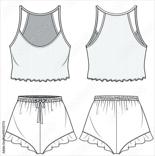 WOMEN RIBBED TANK AND SHORTS WITH FRILL NIGHTWEAR SET IN EDITABLE VECTOR FILE photo