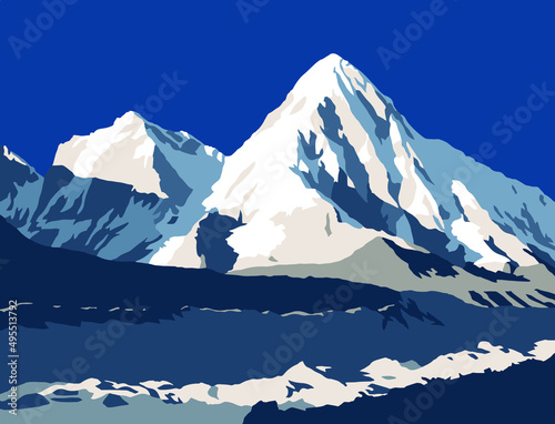 Khumbu glacier and Mount Pumori, vector illustration, Khumbu valley, Sagarmatha national park, Nepal Himalaya mountain photo