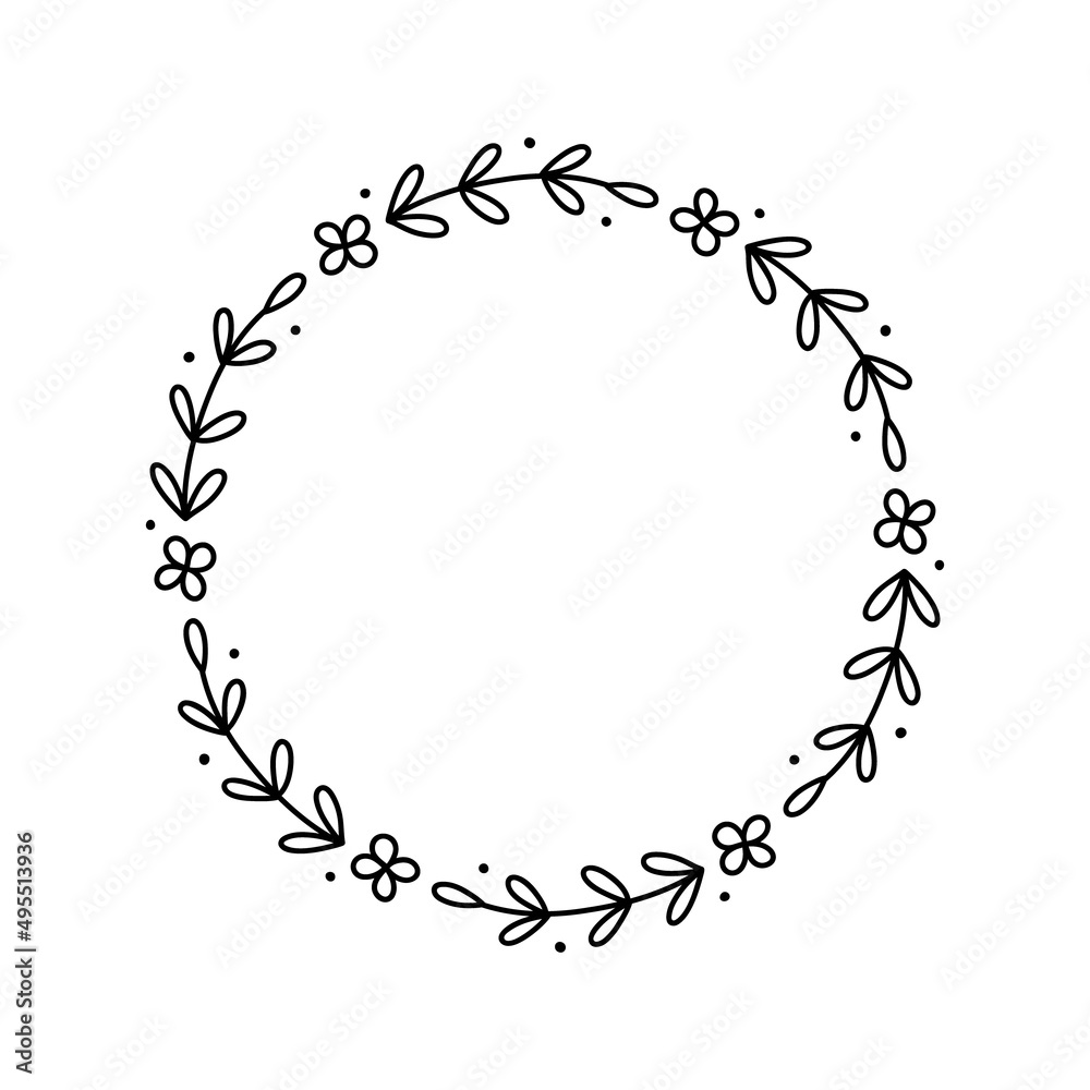 Spring floral wreath isolated on white background. Round frame with flowers. Vector hand-drawn illustration in doodle style. Perfect for cards, invitations, decorations, logo, various designs. Spring floral wreath isolated on white background. Round frame with flowers. Vector hand-drawn illustration in doodle style. Perfect for cards, invitations, decorations, logo, various designs.
