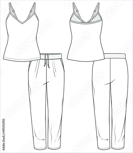 CAMI AND JOGGERS FLAT SKETCH OF NIGHTWEAR SET FOR WOMEN AND TEEN GIRLS IN EDITABLE VECTOR FILE photo