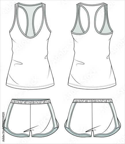 RACER BACK TANK TEE WITH SPORTY SHORTS NIGHTWEAR SET FOR WOMEN AND TEEN GIRLS IN EDITABLE VECTOR FILE