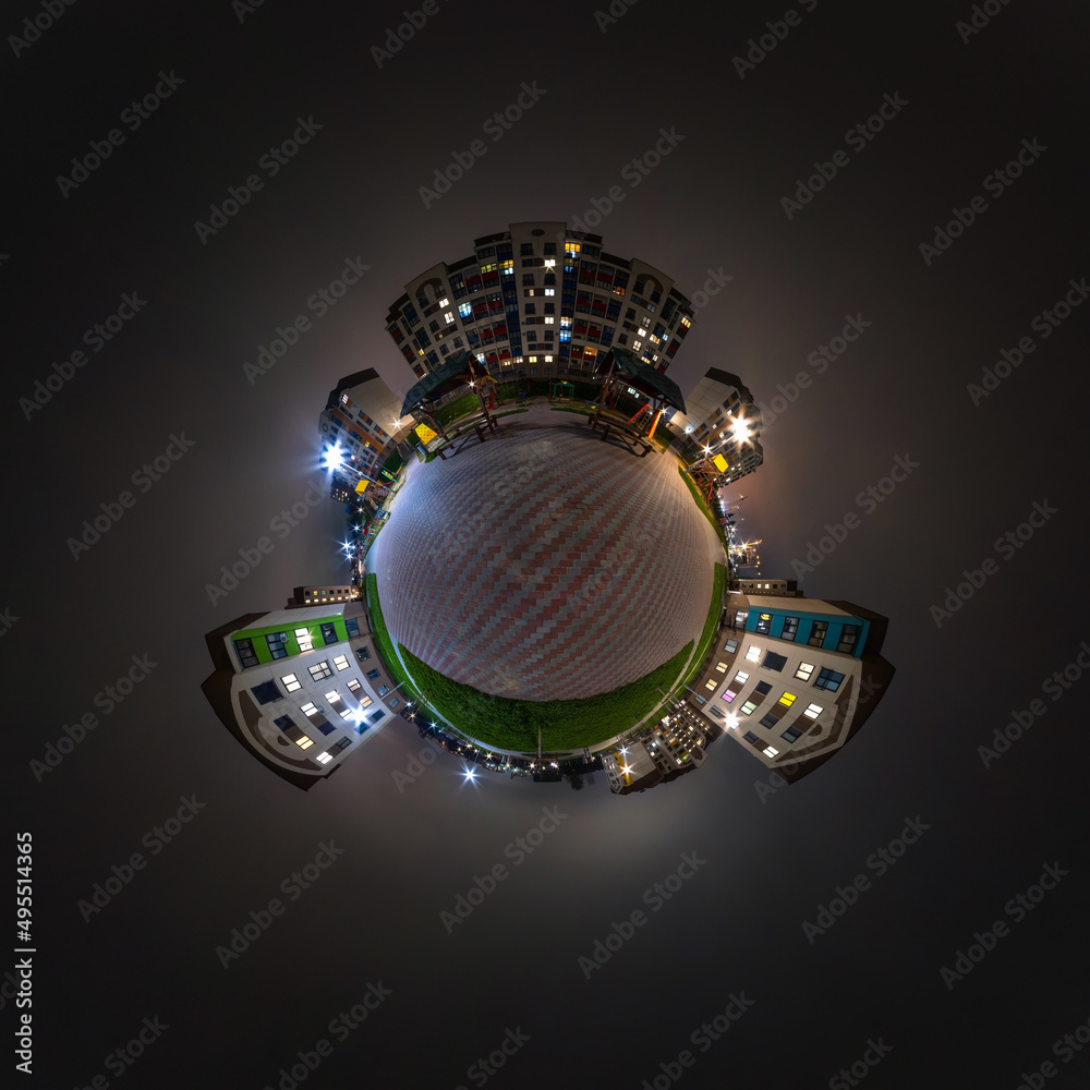 tiny planet in night sky with clouds in modern multi-storey multi-apartment residential complex of urban development. Transformation of spherical 360 panorama in abstract aerial view.
