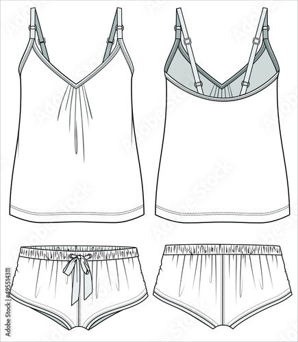 CAMI WITH GATHERS AND KNIT BOY SHORTS NIGHTWEAR SET FOR WOMEN AND TEEN GIRLS IN EDITABLE VECTOR FILE