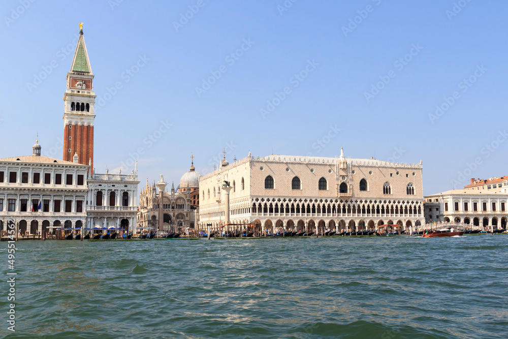 Panorama view of Venice with Doge's Palace, St Mark's Campanile and St Mark's Basilica seen from Giudecca Canal in Veneto, Italy