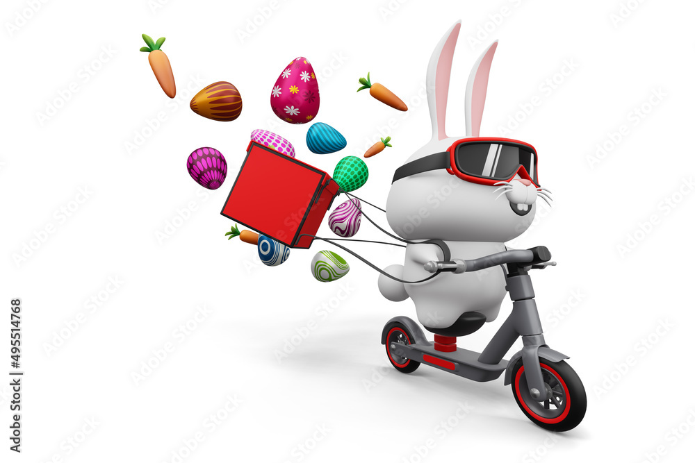 Happy easter day, rabbit delivery, cute bunny with colorful egg, 3d rendering Happy easter day, rabbit delivery, cute bunny with colorful egg, 3d rendering