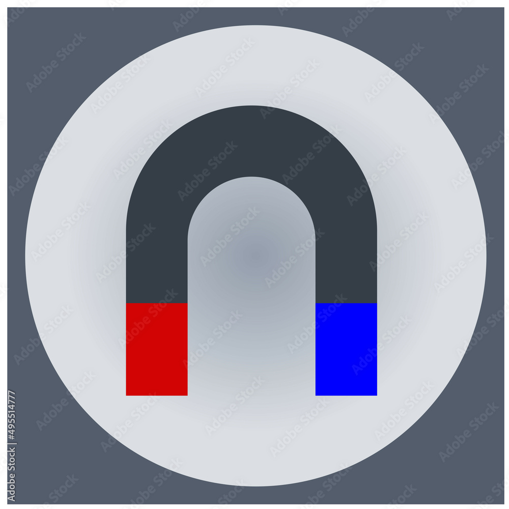 The symbol of a gray magnet in the shape of a horseshoe with a color resolution of the magnetic poles of red and blue, in a gray frame of a circle and a square The symbol of a gray magnet in the shape of a horseshoe with a color resolution of the magnetic poles of red and blue, in a gray frame of a circle and a square