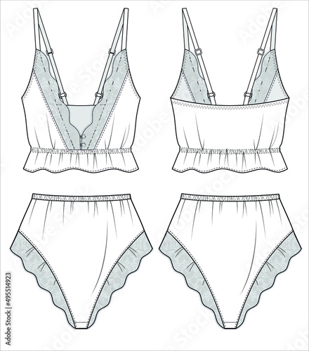 CAMI AND FRILL SHORTS FOR WOMEN BRIDAL MATCHING NIGHTWEAR SET IN EDITABLE VECTOR FILE