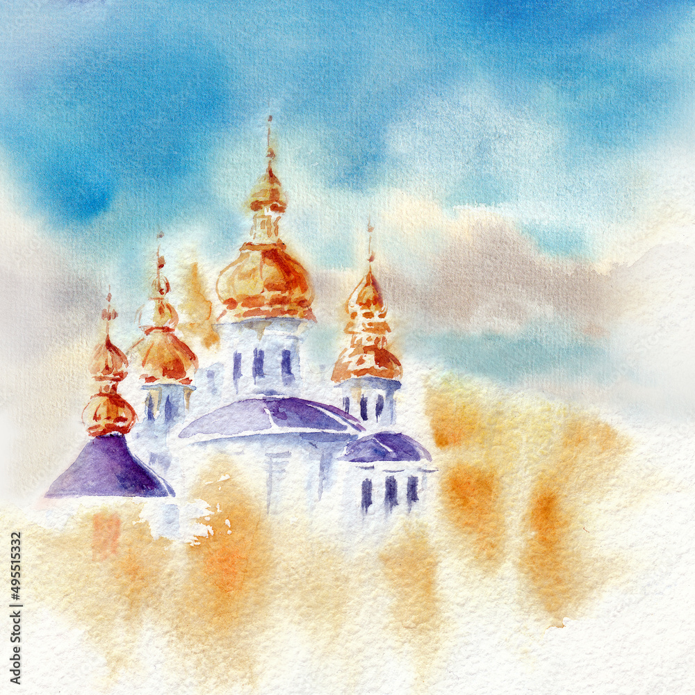 Orthodox church domes as symbols of peace for Ukraine in blue and yellow colores. Hand drawn watercolors on paper textures Orthodox church domes as symbols of peace for Ukraine in blue and yellow colores. Hand drawn watercolors on paper textures