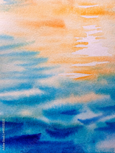Stylized foreground water surface with waves and sun shine blinking and reflections. Hand drawn watercolors on paper textures