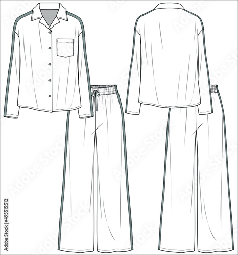 RESORT COLLAR LONG SLEEVES TOP WITH WIDE LEG BOTTOM MATCHING PYJAMA SET FOR WOMEN IN EDITABLE VECTOR FILE