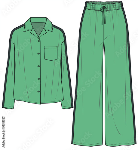 NOTCH COLLAR TOP WITH WIDE LEG BOTTOM AND SIDE  TAPE  DETAIL MATCHING PYJAMA SET FOR WOMEN IN EDITABLE VECTOR FILE