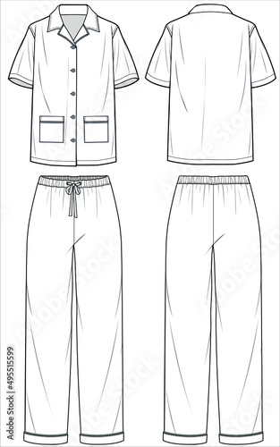RESORT COLLAR SHORT SLEEVES TOP WITH FLARED BOTTOM MATCHING PYJAMA SET FOR WOMEN IN EDITABLE VECTOR FILE