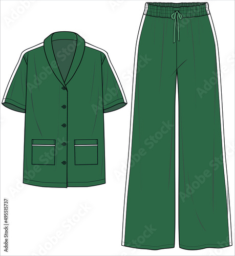 SHAWL COLLAR TOP WITH WIDE LEG BOTTOM AND SIDE TAPE  DETAIL MATCHING PYJAMA SET FOR WOMEN IN EDITABLE VECTOR FILE
