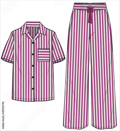 SEERSUCKER STRIPE NOTCH COLLAR TOP WITH FLARED BOTTOM MATCHING PYJAMA SET FOR WOMEN IN EDITABLE VECTOR FILE