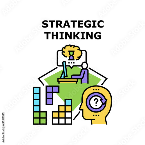 Strategic Thinking Vector Icon Concept. Strategic Thinking And Brainstorming, Developing Company Strategy On Computer At Workspace. Leadership Vision And Decision Color Illustration
