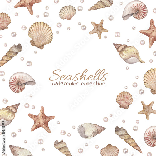 Large set with watercolor illustrations of vintage seashells with pearls isolated on white. Marine collection. © Elizaveta