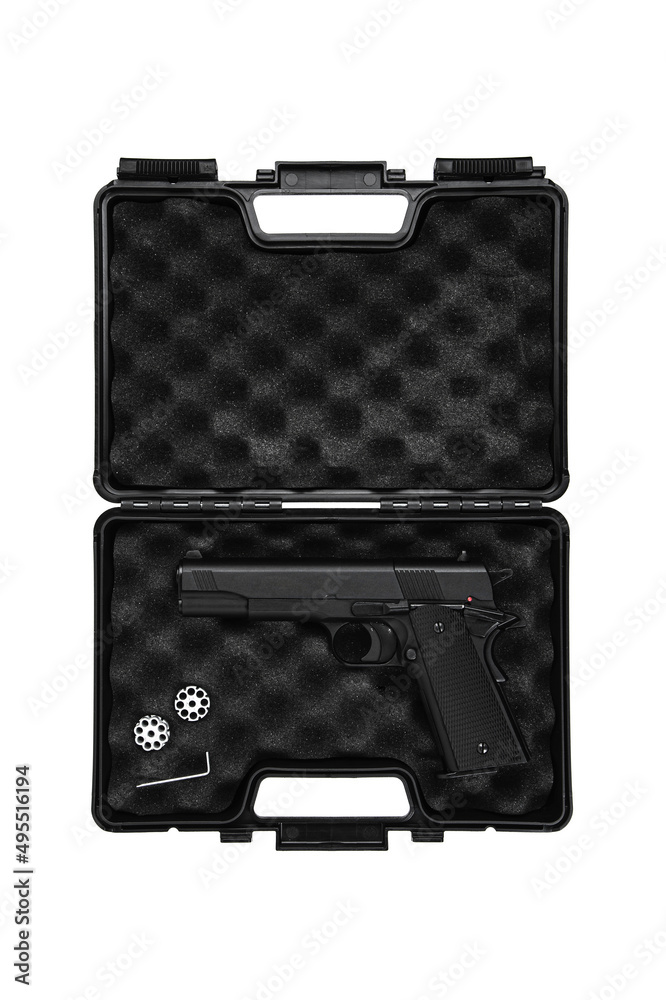 Air gun. Modern pneumatic weapon for air soft, sports and entertainment. A dummy, a copy of a real pistol. Isolate on a white back Air gun. Modern pneumatic weapon for air soft, sports and entertainment. A dummy, a copy of a real pistol. Isolate on a white back
