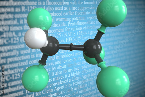 Molecular model of pentafluoroethane, 3D rendering photo