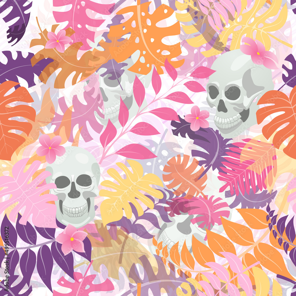 Seamless pattern with exotic jungle plants and human skulls. Tropical palm leaves and flowers. Illustration for Mexican holiday Day of the Dead, Dia de los Muertos, multicolored on white background Seamless pattern with exotic jungle plants and human skulls. Tropical palm leaves and flowers. Illustration for Mexican holiday Day of the Dead, Dia de los Muertos, multicolored on white background