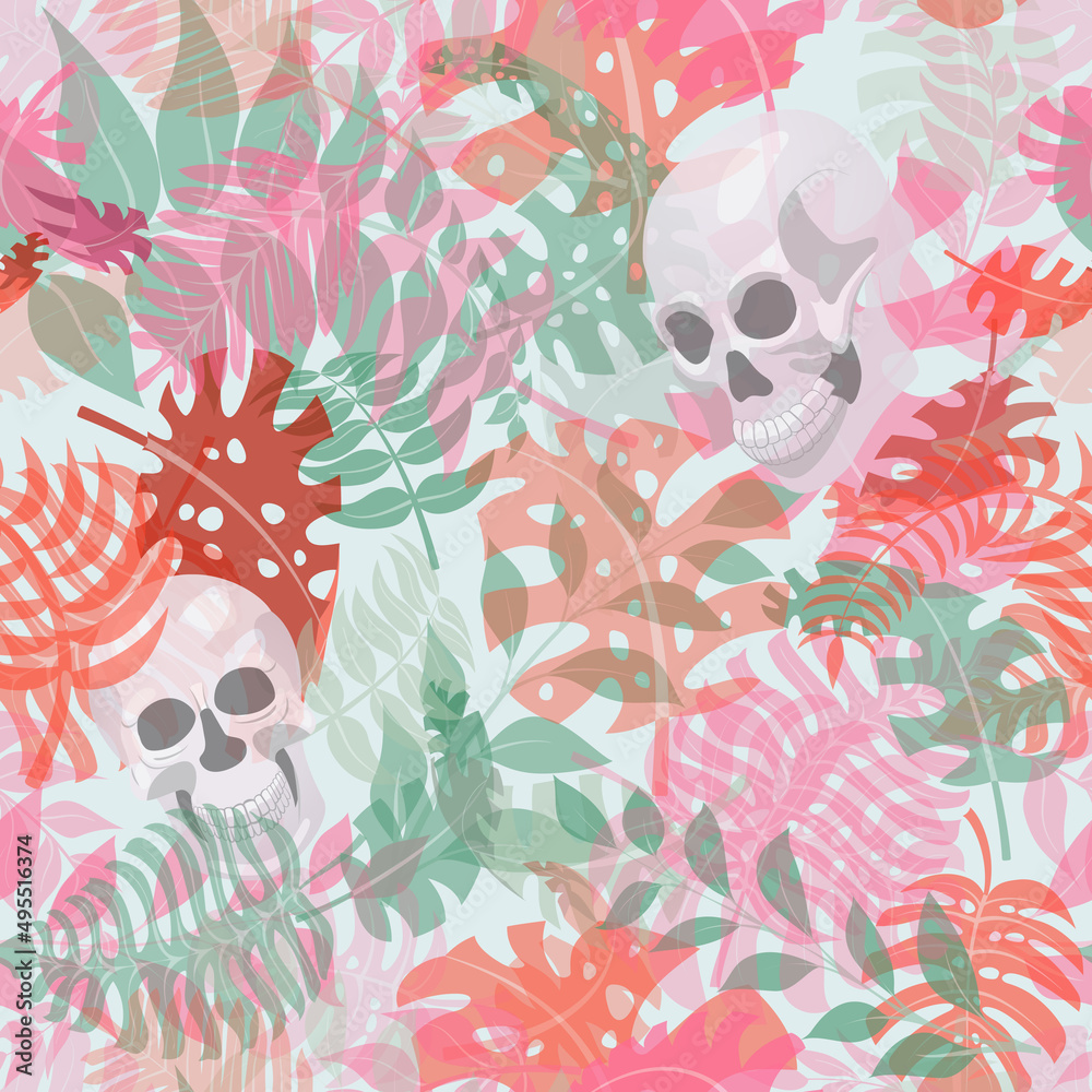 Seamless pattern with exotic jungle plants and human skulls. Tropical palm leaves and flowers. Illustration for Mexican holiday Day of the Dead, Dia de los Muertos, multicolored on white background