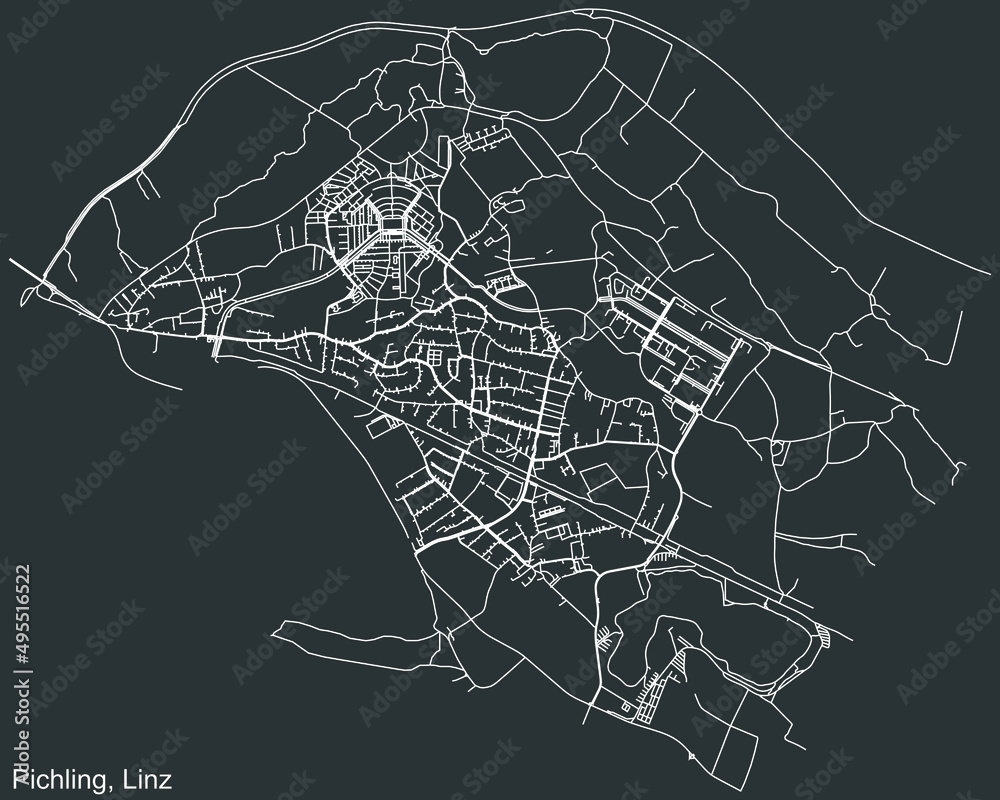 Detailed negative navigation white lines urban street roads map of the PICHLING DISTRICT of the Austrian regional capital city of Linz, Austria on dark gray background