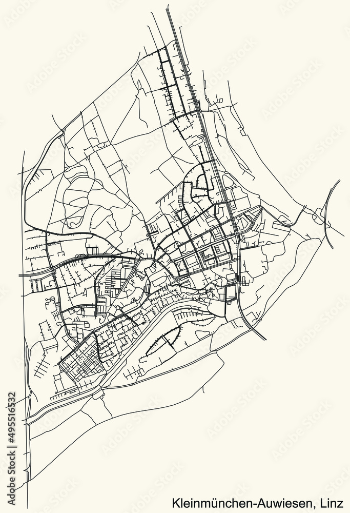 Detailed navigation black lines urban street roads map of the KLEINMÜNCHEN-AUWIESEN DISTRICT of the Austrian regional capital city of Linz, Austria on vintage beige background