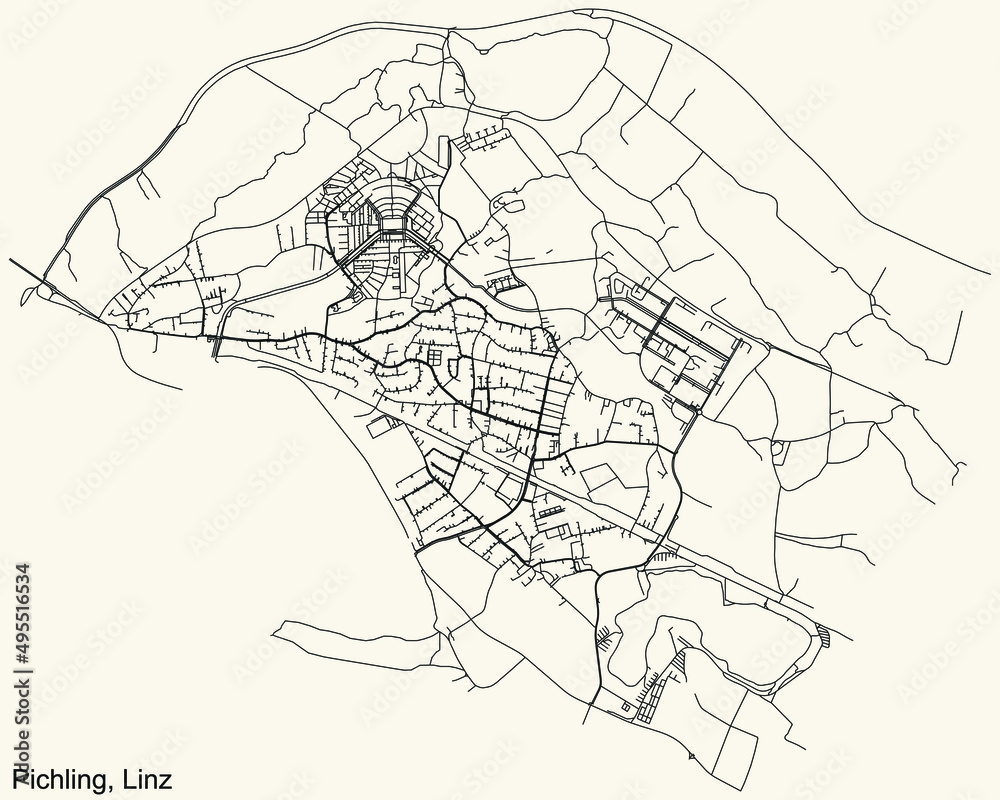 Detailed navigation black lines urban street roads map of the PICHLING DISTRICT of the Austrian regional capital city of Linz, Austria on vintage beige background