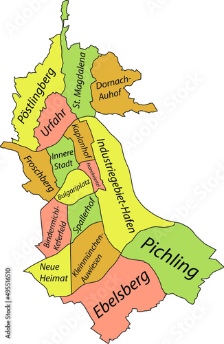 Pastel flat vector administrative map of LINZ, AUSTRIA with name tags and black border lines of its districts