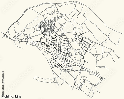 Detailed navigation black lines urban street roads map of the PICHLING DISTRICT of the Austrian regional capital city of Linz  Austria on vintage beige background