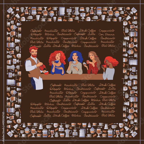 Barista and young women with cups. Scarf pattern design. Vector.