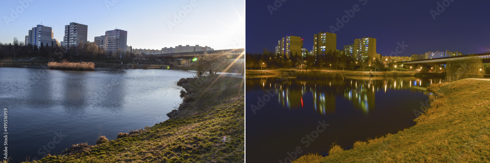 Comparison of day and night, lake in the park in the city