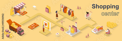 Shopping center concept 3d isometric web banner. People choose clothes in store or make purchases online, pay and use delivery service. Vector illustration for landing page and web template design
