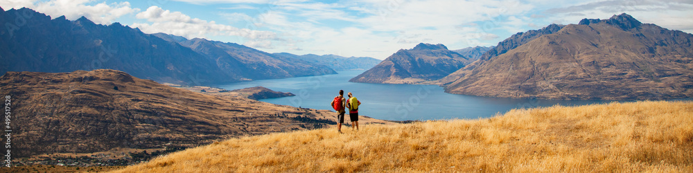 Panoramic Landscape view The Remarkables National Park New Zealand Panoramic Landscape view The Remarkables National Park New Zealand