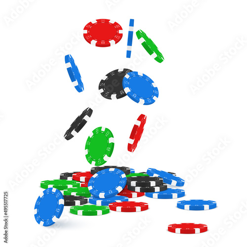 Multicolored falling realistic casino chips vector gambling plastic equipment for poker blackjack