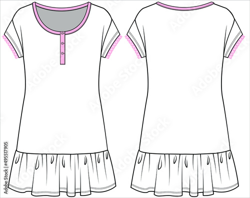 WOMEN HENLEY NECKLINE KNIT FRILL DORMDRESS SLIP NIGHTWEAR IN EDITABLE VECTOR FILE