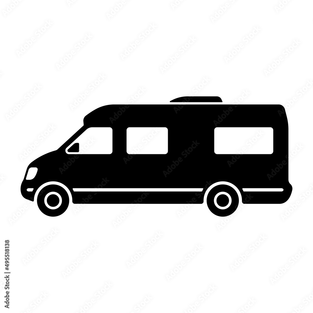 Motorhome icon. Camper, caravan, minibus. Logo, logotype. Black silhouette. Side view. Vector simple flat graphic illustration. Isolated object on a white background. Isolate.