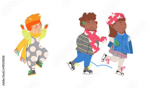 Kids winter activities set. Cute children in warm clothes walking outdoors and skating on rink cartoon vector illustration