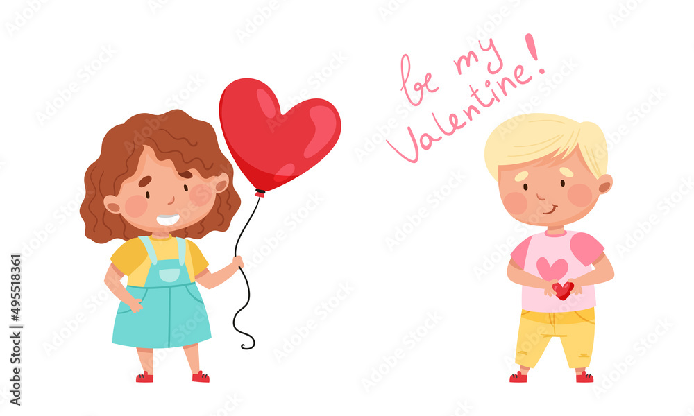 Be my Valentine. Adorable cute boy and girl with red hearts cartoon vector illustration