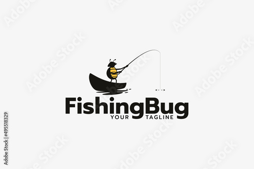 fishing bug logo with a cute bug fishing on a boat.